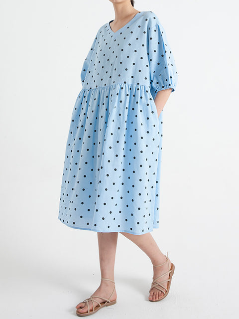 Plus Size Dot V Neck Summer Pleated Short Sleeve Dress