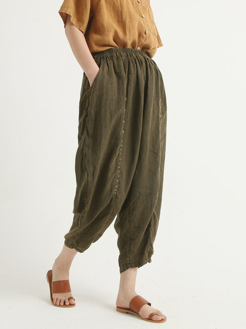 Linen Vintage Women Elastic Waist Loose Pants