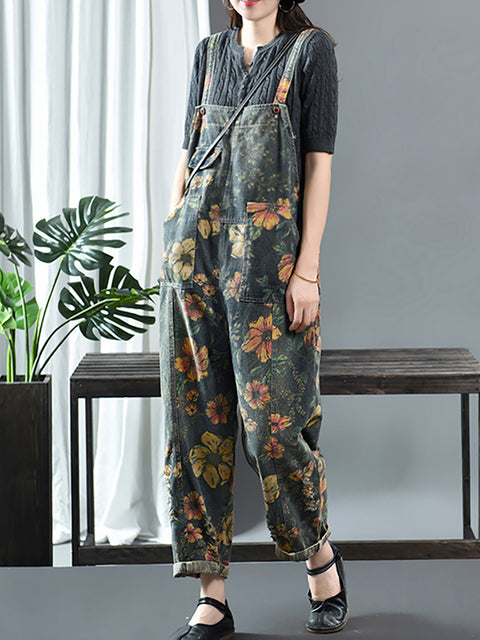 Plus Size - Flower Print Casual Denim Cotton Jumpsuit Dungarees