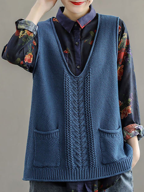 Plus Size Women Pocket Knitted Hollow Sweater Vest