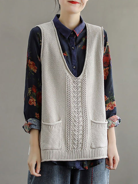 Plus Size Women Pocket Knitted Hollow Sweater Vest