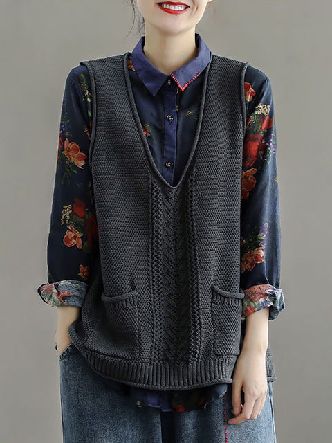 Plus Size Women Pocket Knitted Hollow Sweater Vest