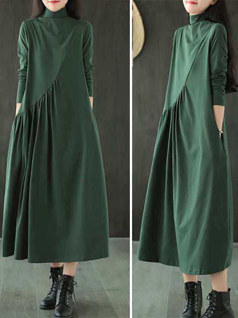 Plus Size Solid Color Draped High Neckline Dress