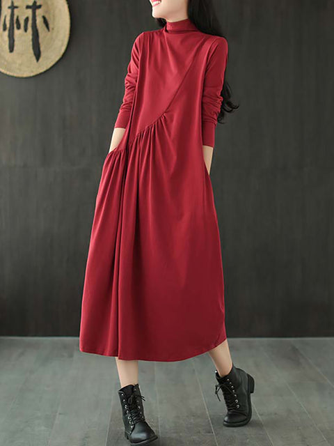 Plus Size Solid Color Draped High Neckline Dress