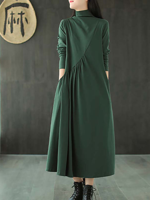 Plus Size Solid Color Draped High Neckline Dress