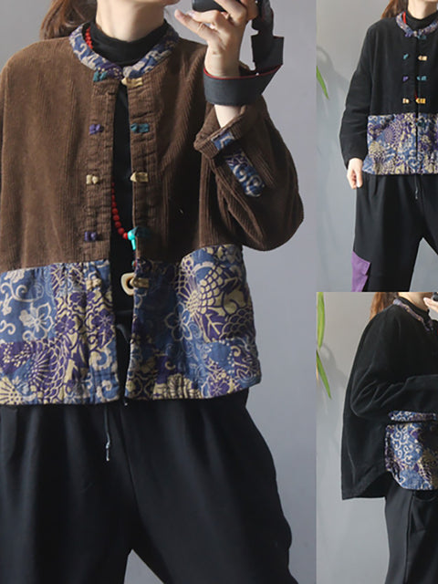 Plus Size Women Flower Patchwork Corduroy Coat