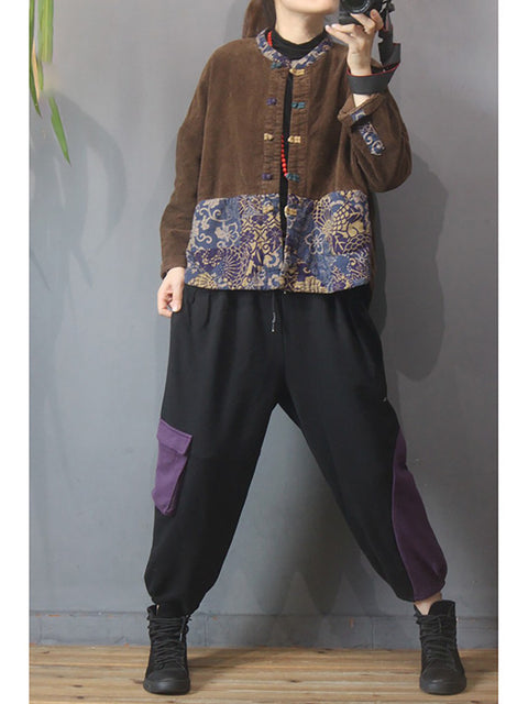 Plus Size Women Flower Patchwork Corduroy Coat