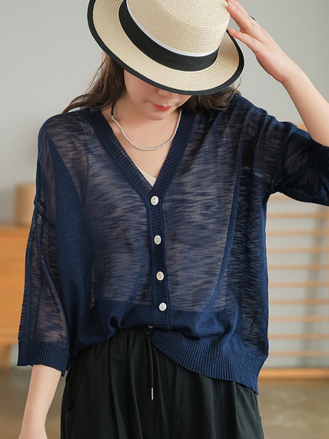 Plus Size Women Summer V-Neck Casual Loose Knit Shirt