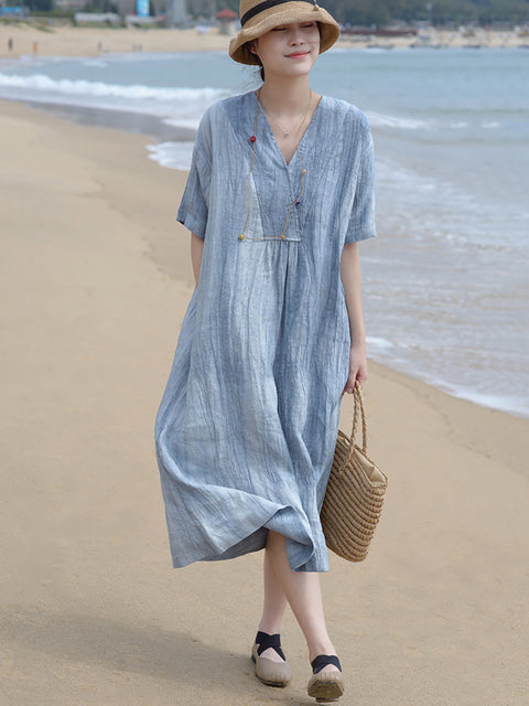 Plus Size V Neck Vintage Linen Women Loose Dress