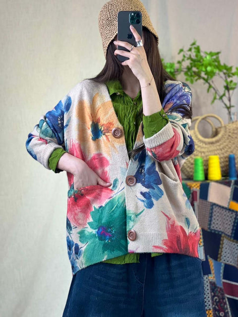 Women Floral Print Knitted Loose Sweater Coat