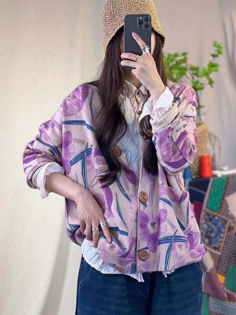 Women Floral Print Knitted Loose Sweater Coat