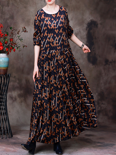 Plus Size Women Vintage Irregular Plaid Large Hemline Long Dress