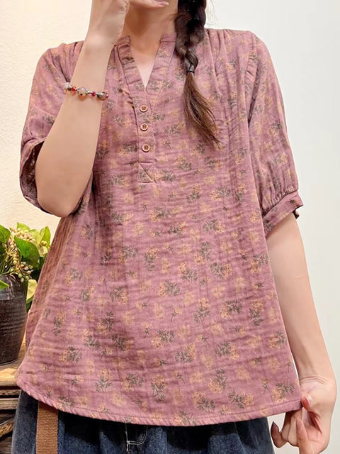 Plus Size Women Summer Artsy Floral Button Loose Shirt