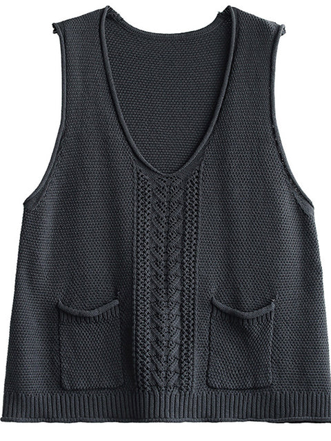 Plus Size Women Pocket Knitted Hollow Sweater Vest