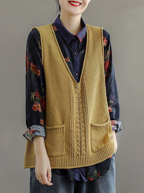 Plus Size Women Pocket Knitted Hollow Sweater Vest