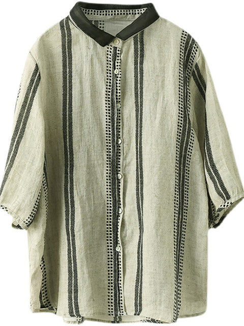 Plus Size Vintage Stripe Ramie Casual Summer Women Shirt