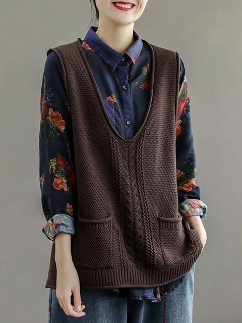 Plus Size Women Pocket Knitted Hollow Sweater Vest