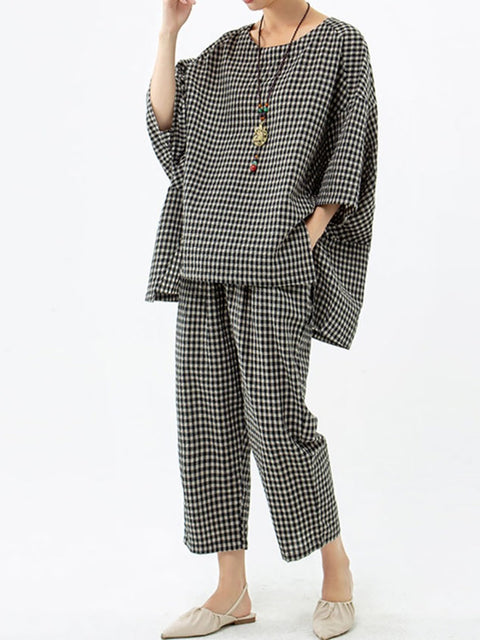 Plus Size Cotton Linen Plaid Retro Blouse And Pants