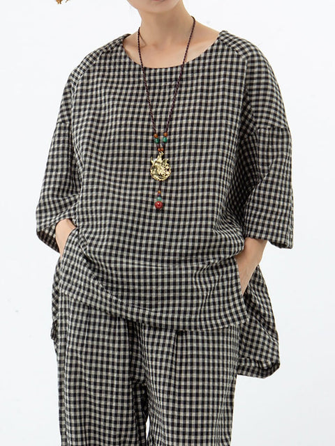 Plus Size Cotton Linen Plaid Retro Blouse And Pants